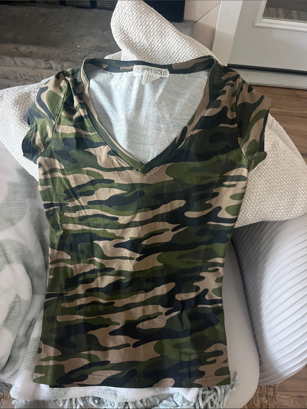 Planet Gold Women's Camouflage V-Neck Tee in Green and Tan